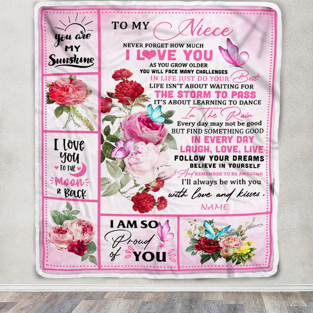 Personalized To My Niece Blanket From Aunt Auntie Uncle Never Forget I Love You Pink Butterfly Niece Birthday Christmas Customized Bed Fleece Throw Blanket | teecentury