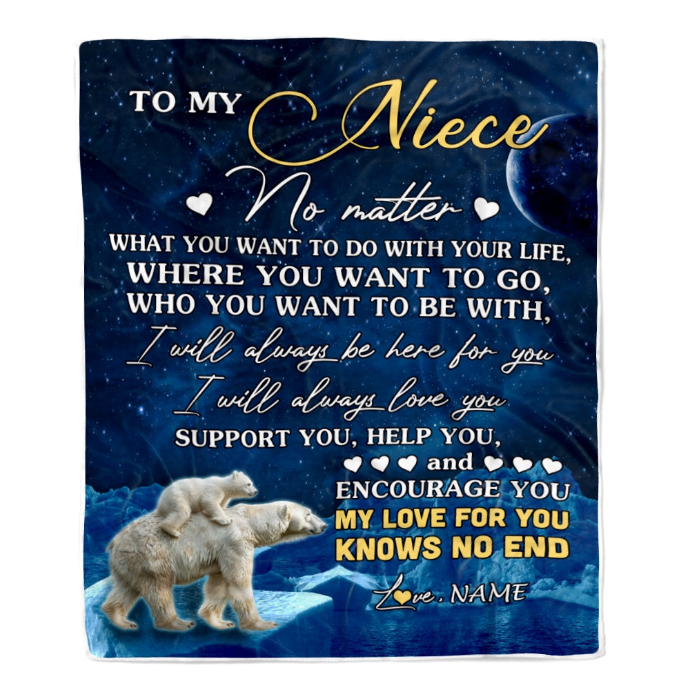Personalized To My Niece Blanket From Aunt Auntie Uncle Polar Bear I Will Always Love You Niece Birthday Graduation Christmas Customized Fleece Throw Blanket | teecentury