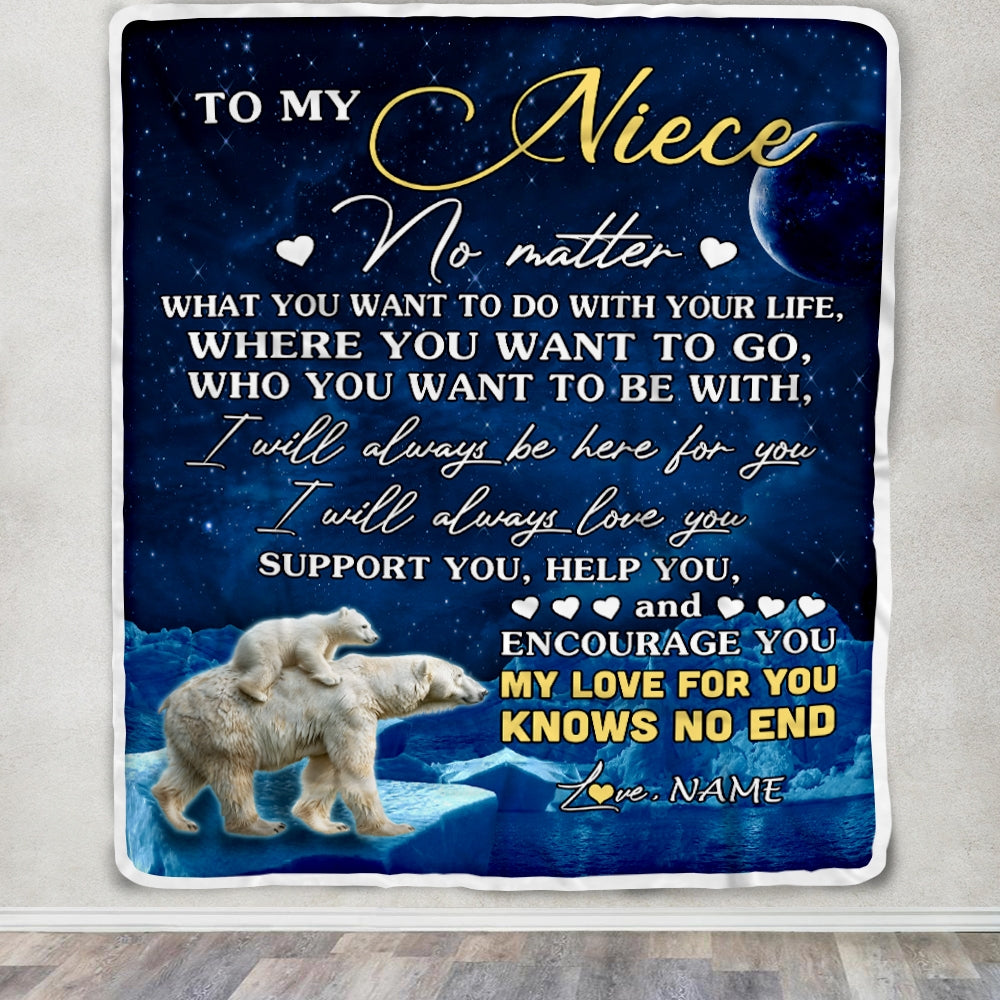 Personalized To My Niece Blanket From Aunt Auntie Uncle Polar Bear I Will Always Love You Niece Birthday Graduation Christmas Customized Fleece Throw Blanket | teecentury