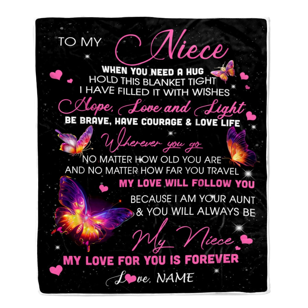 Personalized To My Niece Blanket From Aunt Butterfly When You Need A Hug Niece Birthday Graduation Christmas Customized Bed Quilt Fleece Throw Blanket | teecentury
