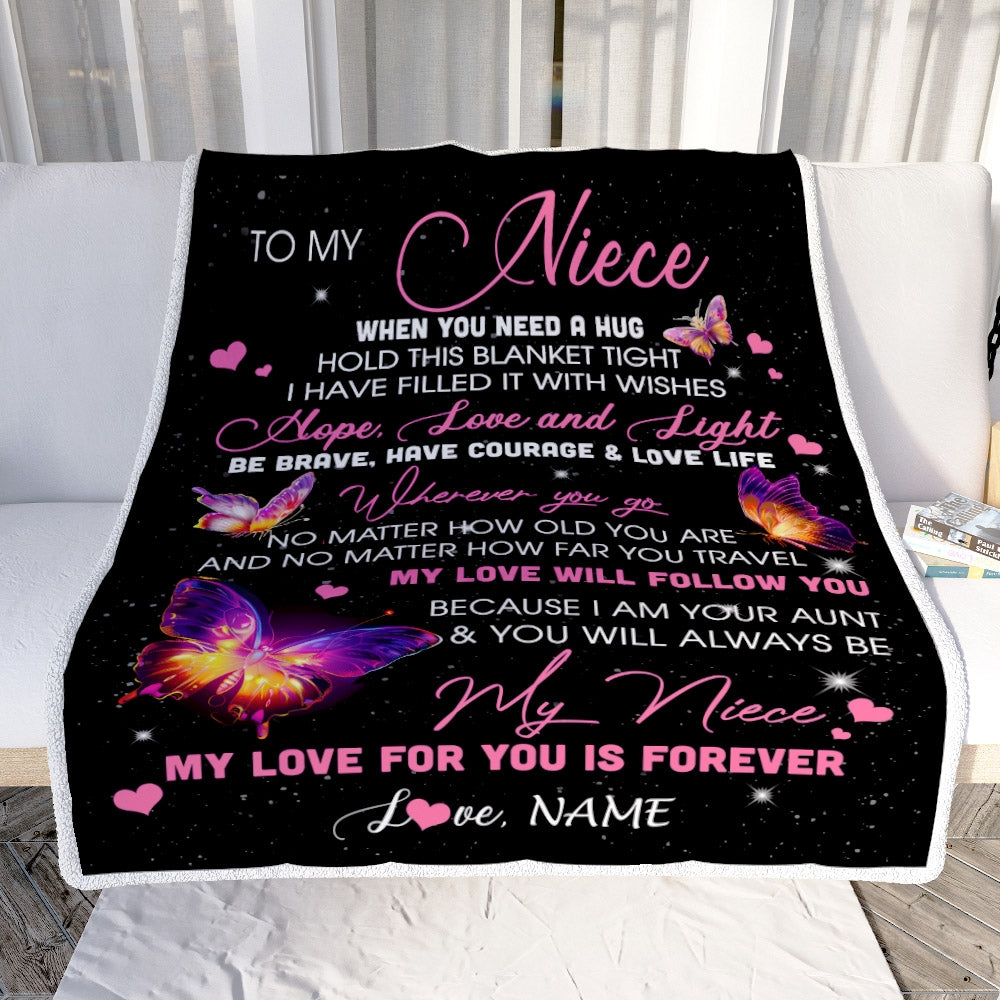 Personalized To My Niece Blanket From Aunt Butterfly When You Need A Hug Niece Birthday Graduation Christmas Customized Bed Quilt Fleece Throw Blanket | teecentury