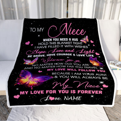 Personalized To My Niece Blanket From Aunt Butterfly When You Need A Hug Niece Birthday Graduation Christmas Customized Bed Quilt Fleece Throw Blanket | teecentury