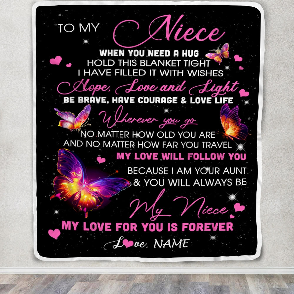 Personalized To My Niece Blanket From Aunt Butterfly When You Need A Hug Niece Birthday Graduation Christmas Customized Bed Quilt Fleece Throw Blanket | teecentury