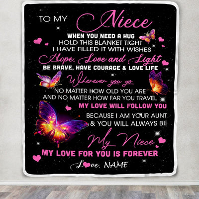Personalized To My Niece Blanket From Aunt Butterfly When You Need A Hug Niece Birthday Graduation Christmas Customized Bed Quilt Fleece Throw Blanket | teecentury