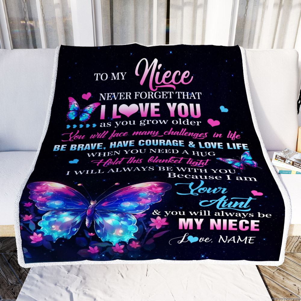Personalized To My Niece Blanket From Aunt Never Forget I Love You Butterfly Birthday Gifts For Niece Graduation Christmas Customized Fleece Blanket | teecentury