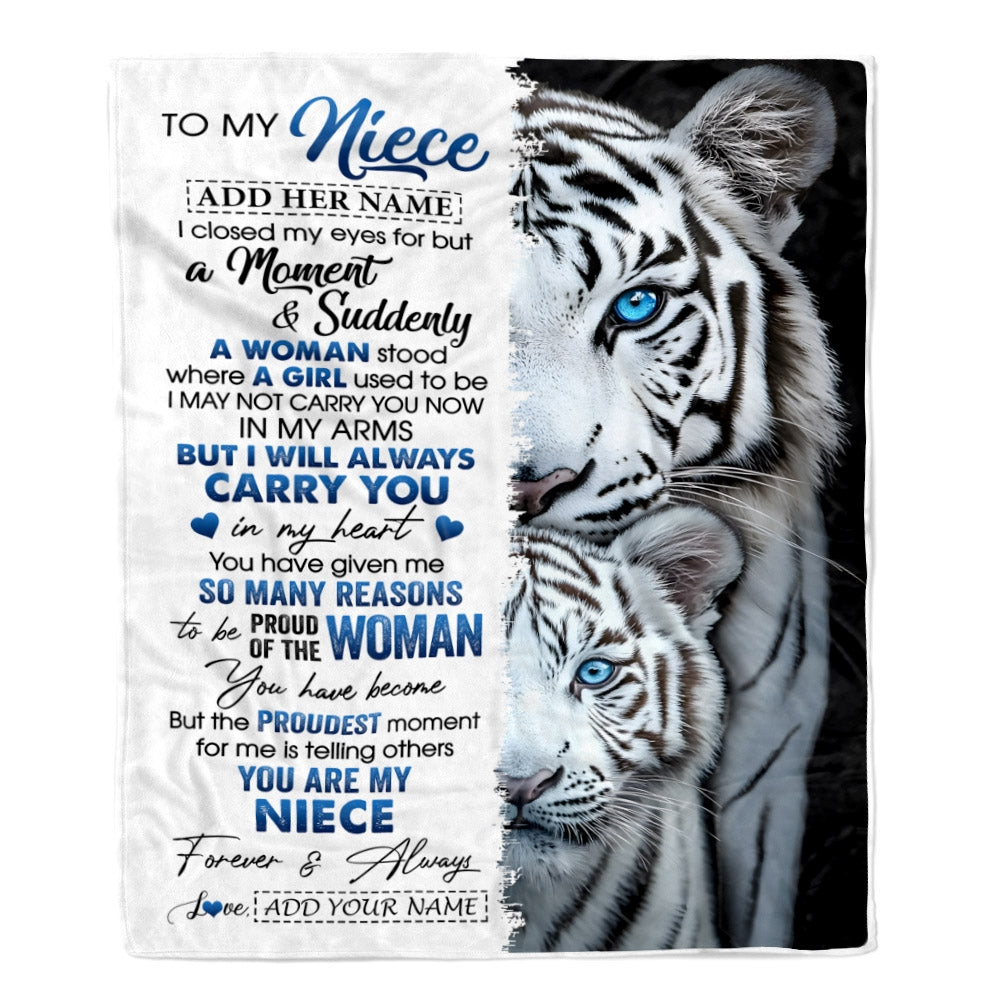 Personalized To My Niece Blanket From Aunt Uncle Auntie I Close My Eyes White Tiger Niece Birthday Gifts Graduation Christmas Custom Fleece Throw Blanket | teecentury