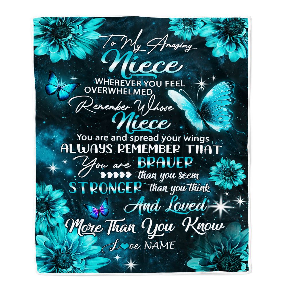 Personalized To My Niece Blanket From Aunt Uncle Butterfly You Are Braver Than You Seem Niece Birthday Graduation Christmas Customized Fleece Throw Blanket | teecentury
