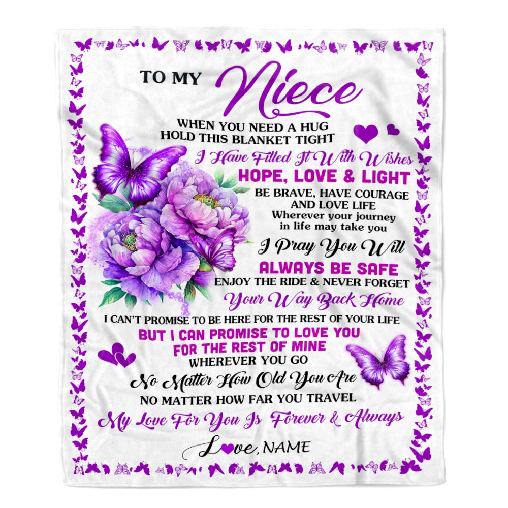 Personalized To My Niece Blanket From Aunt Uncle When You Need A Hug Butterfly Niece Birthday Graduation Christmas Customized Bed Fleece Throw Blanket | teecentury