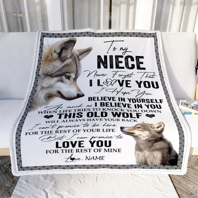 Personalized To My Niece Blanket From Uncle Aunt Auntie This Old Wolf Love You Niece Birthday Graduation Christmas Customized Fleece Blanket Blanket | Teecentury.com