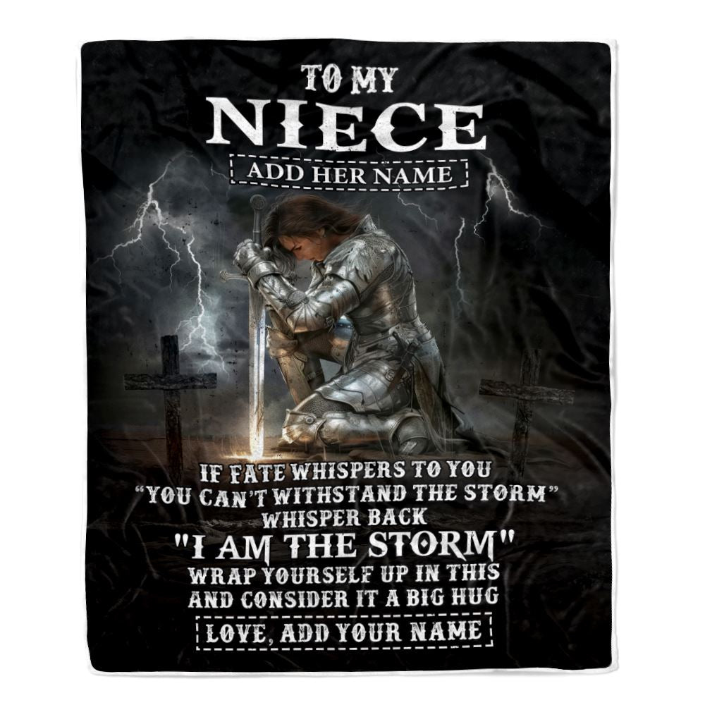 Personalized To My Niece Blanket Women Warrior Knights Templar I Am The Storm Best Niece Birthday Gifts Christmas Customized Fleece Throw Blanket | teecentury