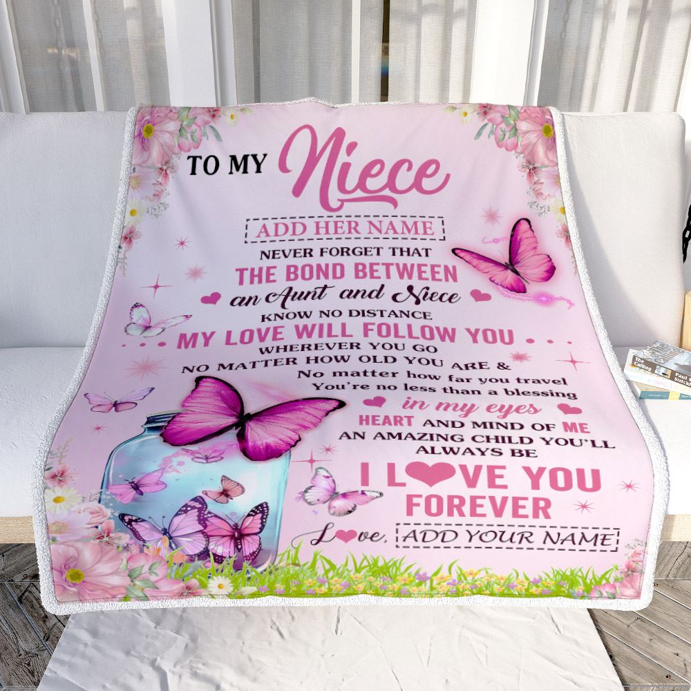 Personalized To My Niece Butterfly Blanket From Aunt Auntie The Bond Between Niece Birthday Gifts Graduation Christmas Customized Fleece Throw Blanket | teecentury