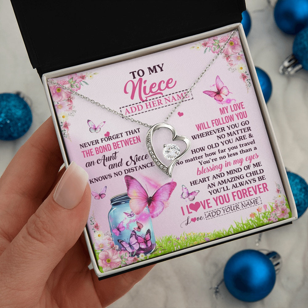 Forever Love Necklace 14K White Gold Finish | 2 | Personalized To My Niece Butterfly Necklace From Aunt Auntie The Bond Between Niece Birthday Gifts Graduation Christmas Custom Jewelry Gift Box Message Card | https://teecentury.