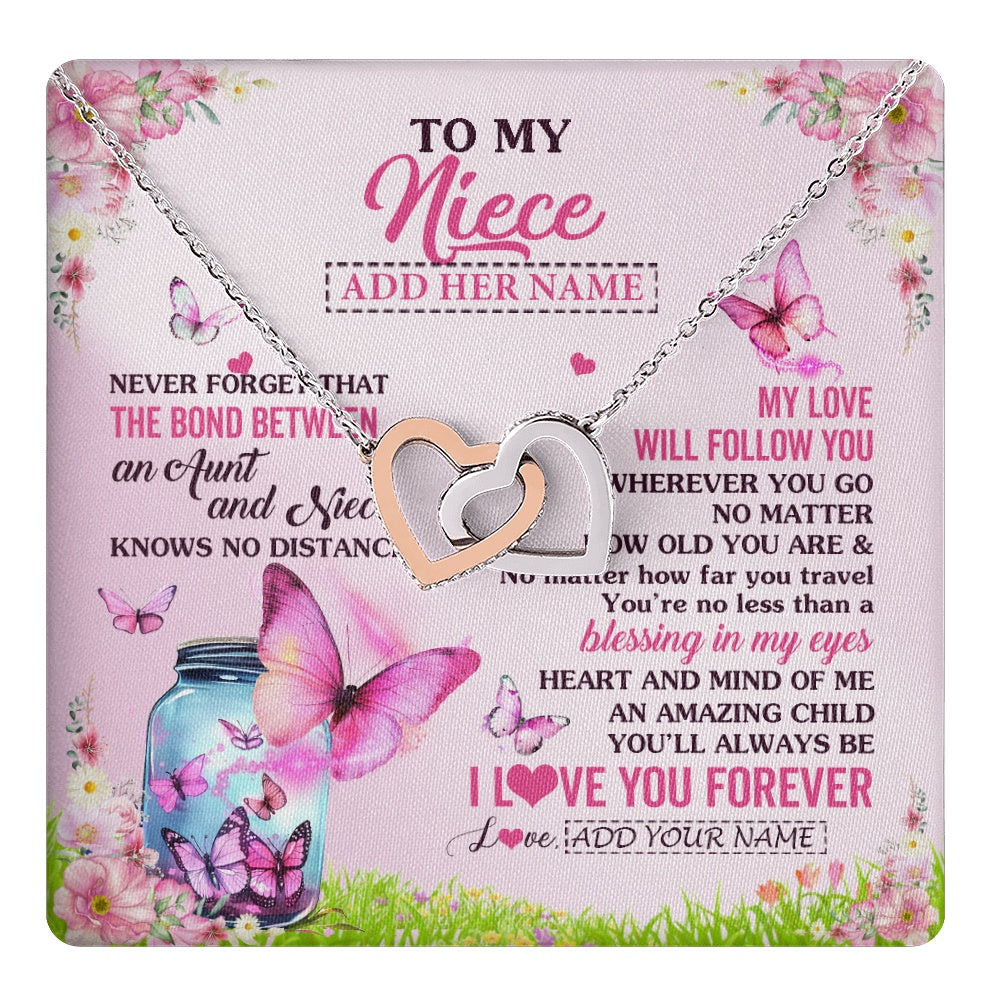 Interlocking Hearts Necklace Stainless Steel & Rose Gold Finish | 1 | Personalized To My Niece Butterfly Necklace From Aunt Auntie The Bond Between Niece Birthday Gifts Graduation Christmas Custom Jewelry Gift Box Message Card | https://teecentury.