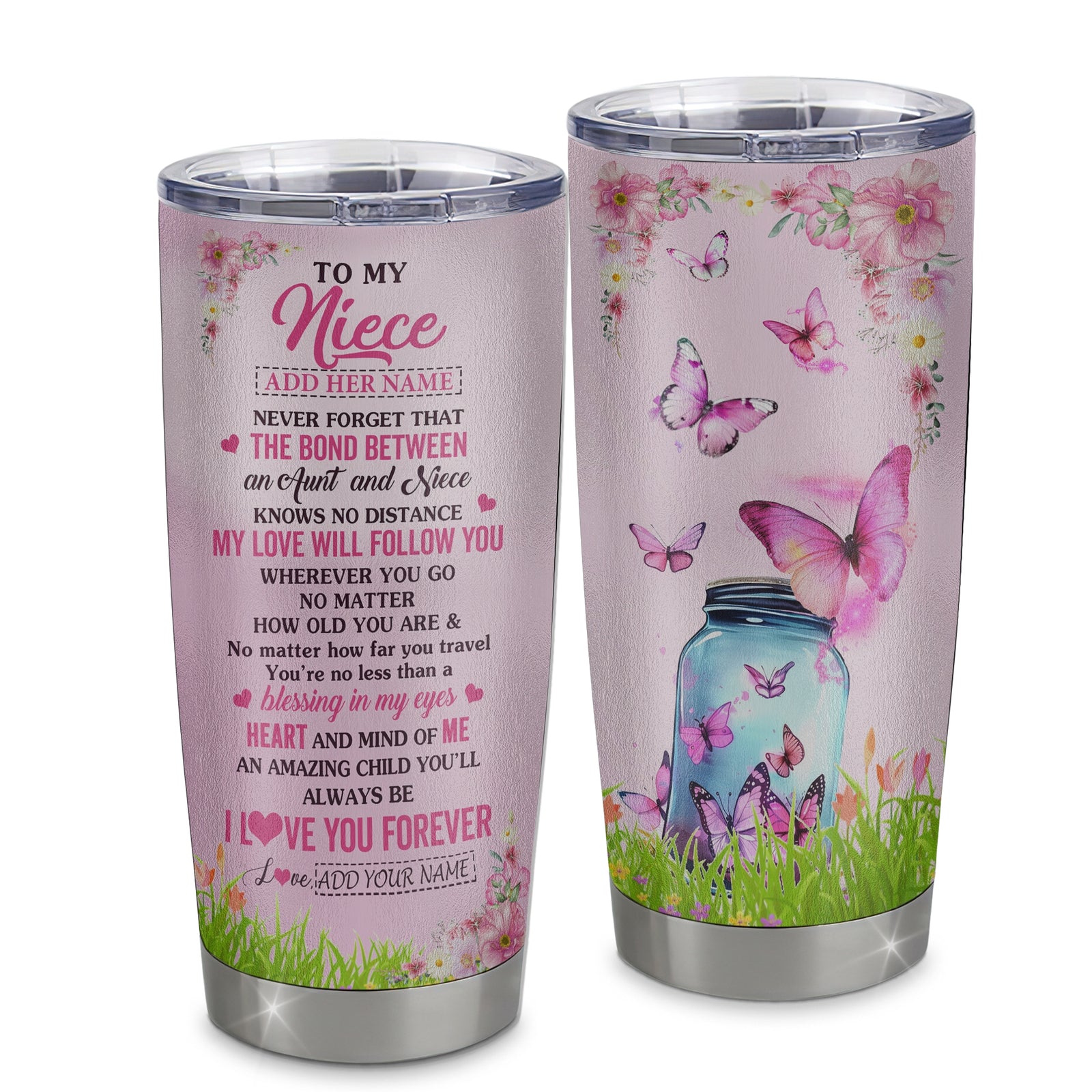 Personalized To My Niece Butterfly Tumbler From Aunt Auntie The Bond Between Niece Birthday Gifts Graduation Christmas Stainless Steel Insulated Custom Mug | teecentury