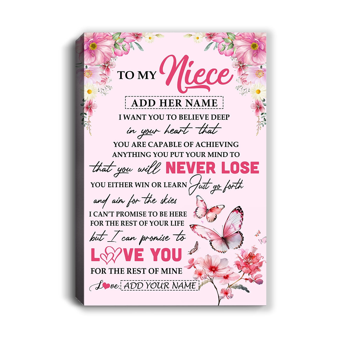 Personalized To My Niece Canvas From Aunt Uncle Auntie You Will Never Lose Butterfly Niece Birthday Gifts Graduation Christmas Custom Wall Art Print Framed Canvas | teecentury