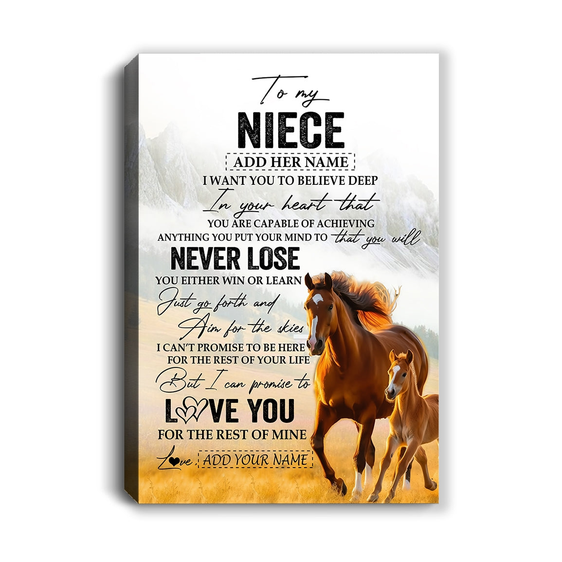 Personalized To My Niece Canvas From Aunt Uncle Auntie You Will Never Lose Horse Niece Birthday Gifts Graduation Christmas Custom Wall Art Print Framed Canvas | teecentury