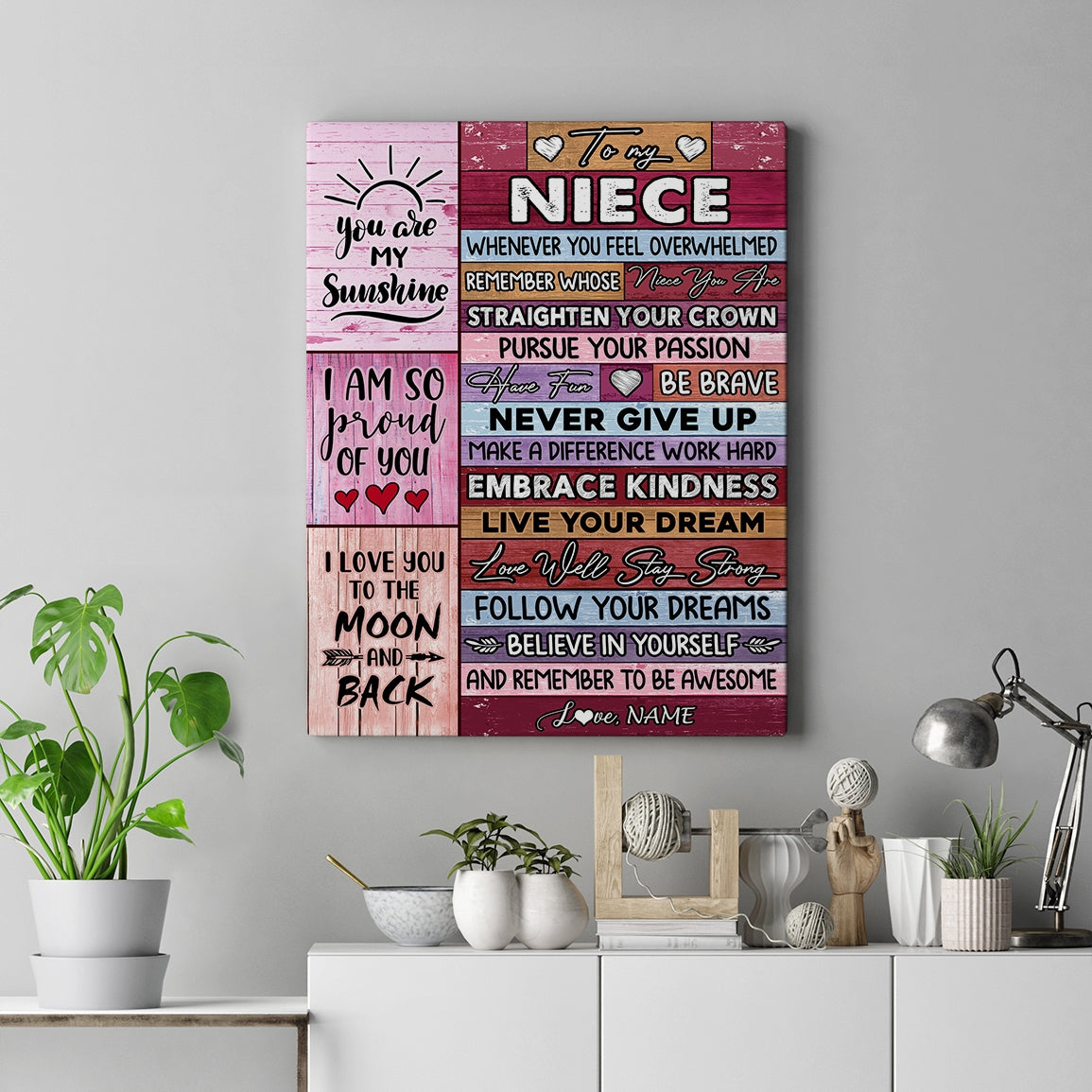 Personalized To My Niece Canvas From Aunt Uncle Believe In Yourself Awesome Pink Wood Niece Birthday Graduation Christmas Custom Wall Art Print Home Decor Framed Canvas | teecentury