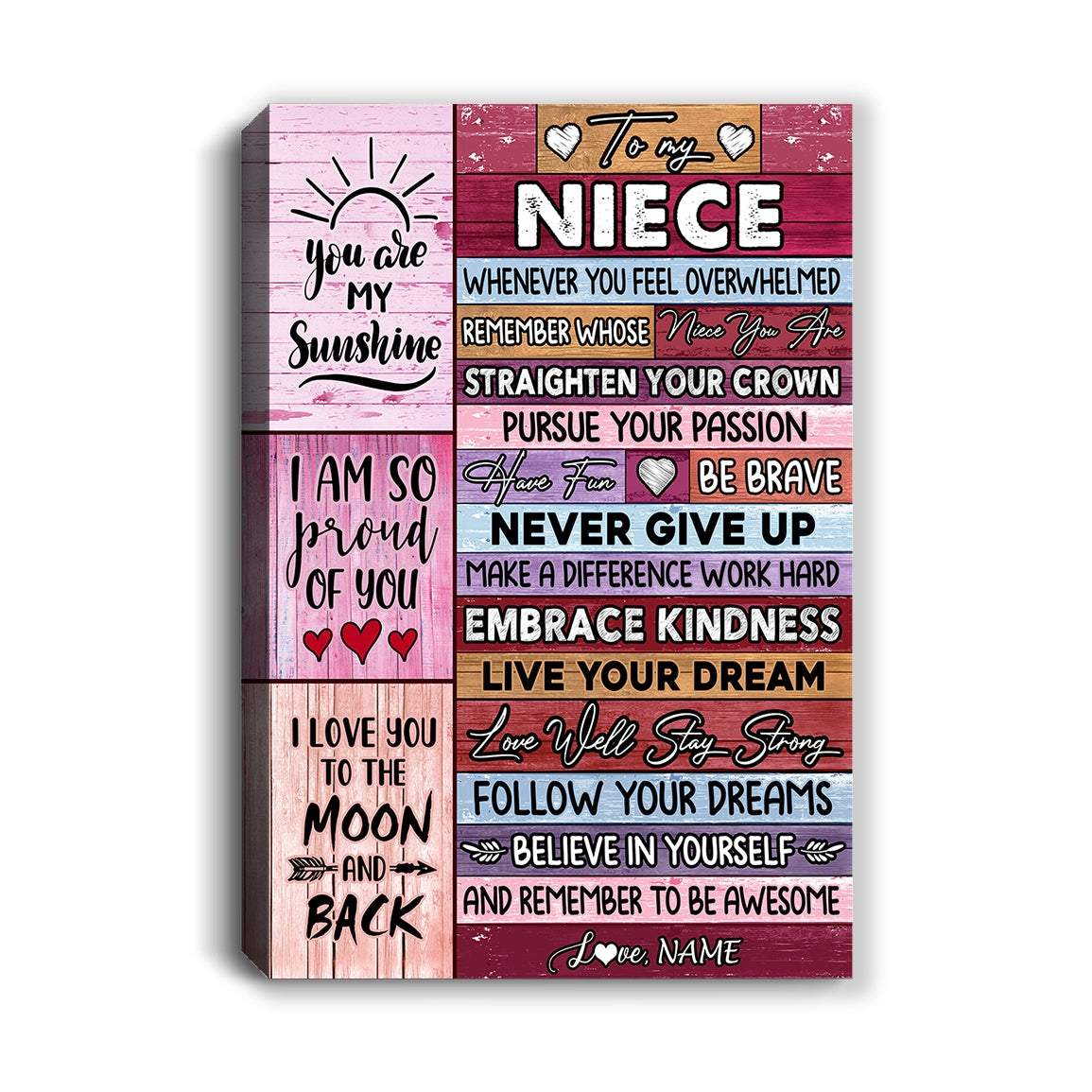 Personalized To My Niece Canvas From Aunt Uncle Believe In Yourself Awesome Pink Wood Niece Birthday Graduation Christmas Custom Wall Art Print Home Decor Framed Canvas | teecentury