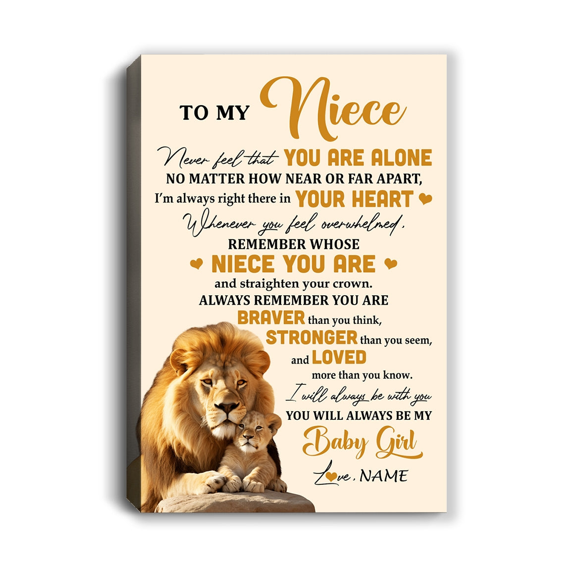 Personalized To My Niece Canvas From Uncle Lion Never Feel That You Are Alone Great Niece Pendant Birthday Gifts Christmas Custom Wall Art Print Framed Canvas | teecentury