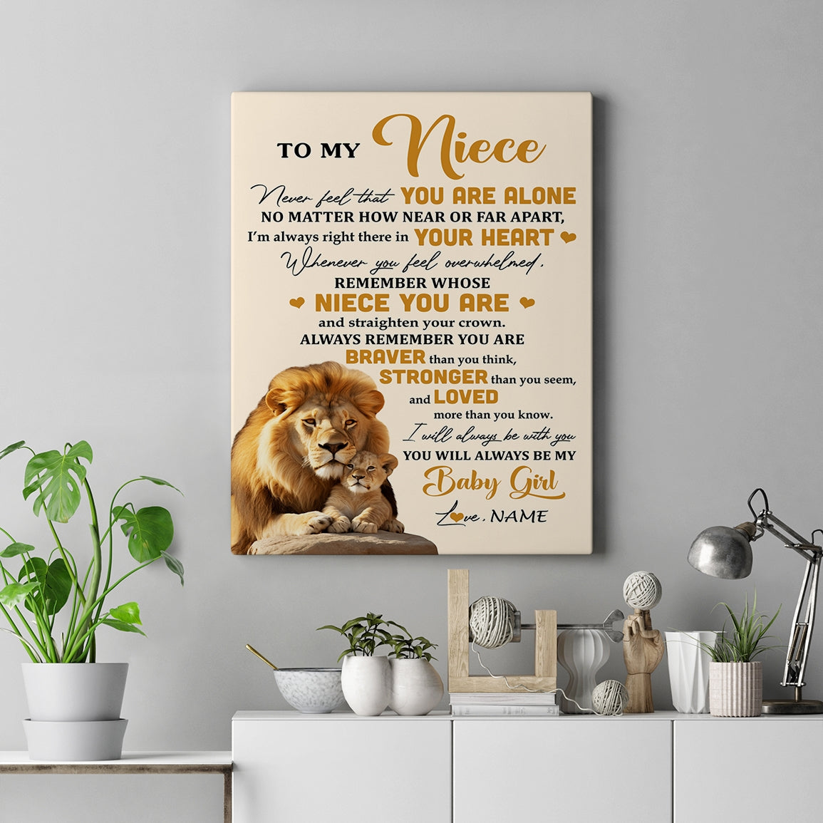 Personalized To My Niece Canvas From Uncle Lion Never Feel That You Are Alone Great Niece Pendant Birthday Gifts Christmas Custom Wall Art Print Framed Canvas | teecentury