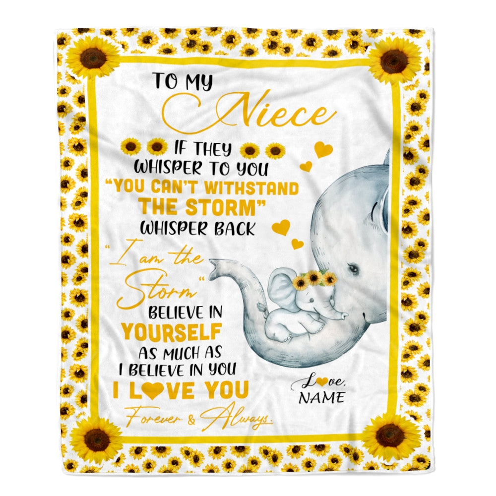 Personalized To My Niece Elephant Blanket From Aunt Auntie I Am The Storm Big Hug Sunflower Niece Birthday Christmas Customized Bed Fleece Blanket Blanket | Teecentury.com