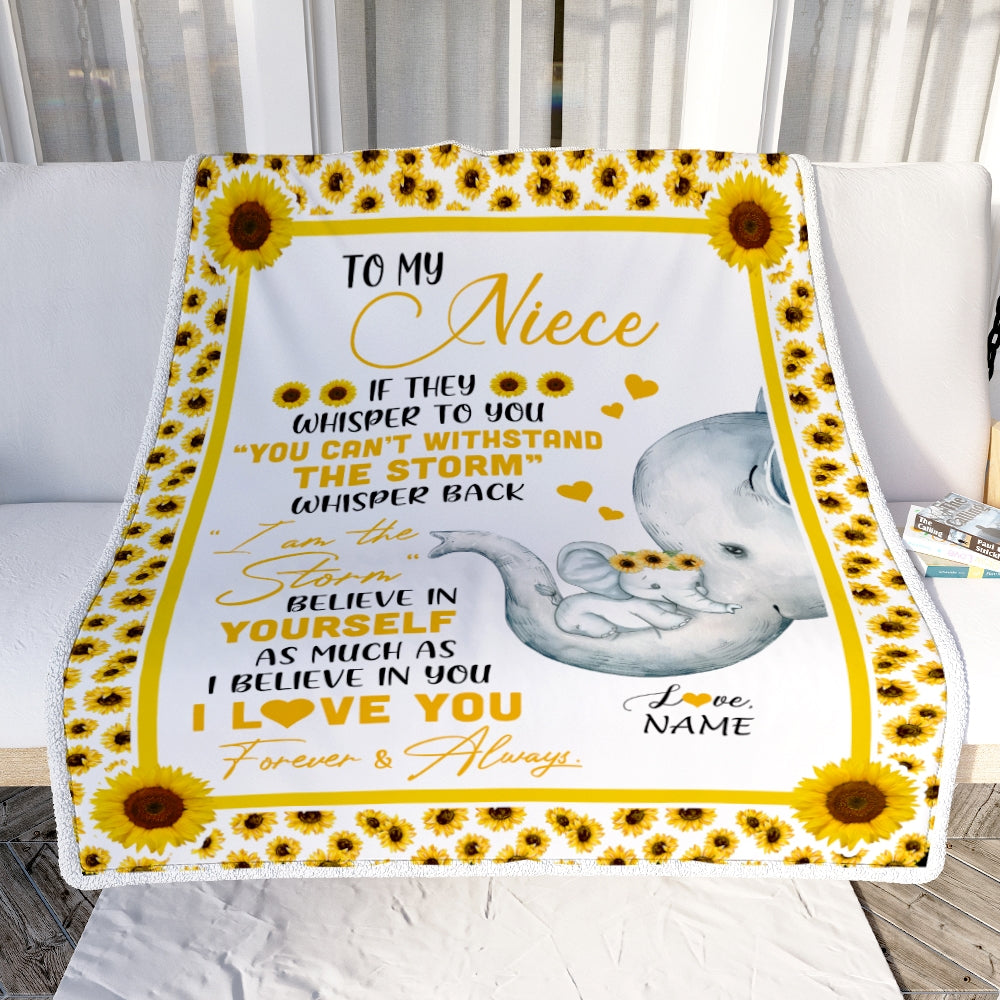 Personalized To My Niece Elephant Blanket From Aunt Auntie I Am The Storm Big Hug Sunflower Niece Birthday Christmas Customized Bed Fleece Blanket Blanket | Teecentury.com