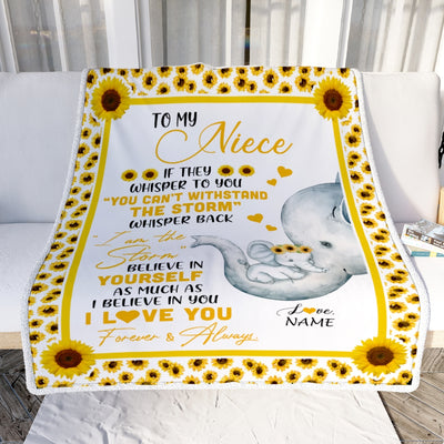 Personalized To My Niece Elephant Blanket From Aunt Auntie I Am The Storm Big Hug Sunflower Niece Birthday Christmas Customized Bed Fleece Blanket Blanket | Teecentury.com