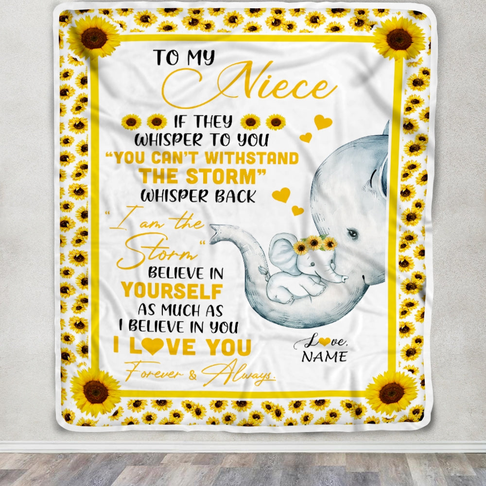 Personalized To My Niece Elephant Blanket From Aunt Auntie I Am The Storm Big Hug Sunflower Niece Birthday Christmas Customized Bed Fleece Blanket Blanket | Teecentury.com