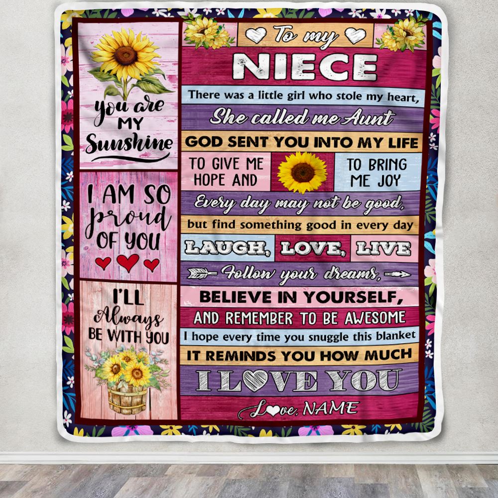 Personalized To My Niece From Aunt Blanket Wood Sunflower Little Girl Birthday Gifts Niece Graduation Valentines Day Christmas Customized Fleece Blanket | teecentury