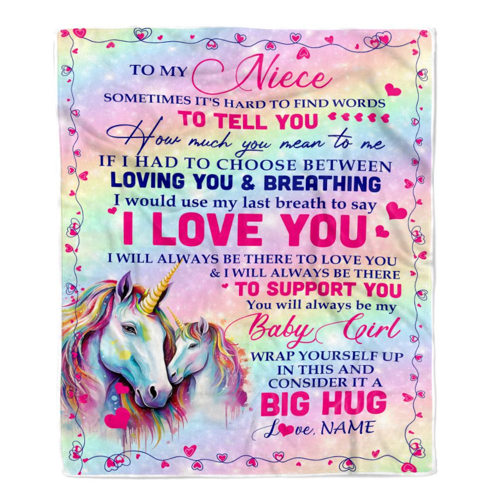 Personalized To My Niece From Aunt Sometimes It's Hard To Find Words To Say I Love You Unicorn Niece Birthday Gifts Christmas Fleece Throw Blanket | teecentury