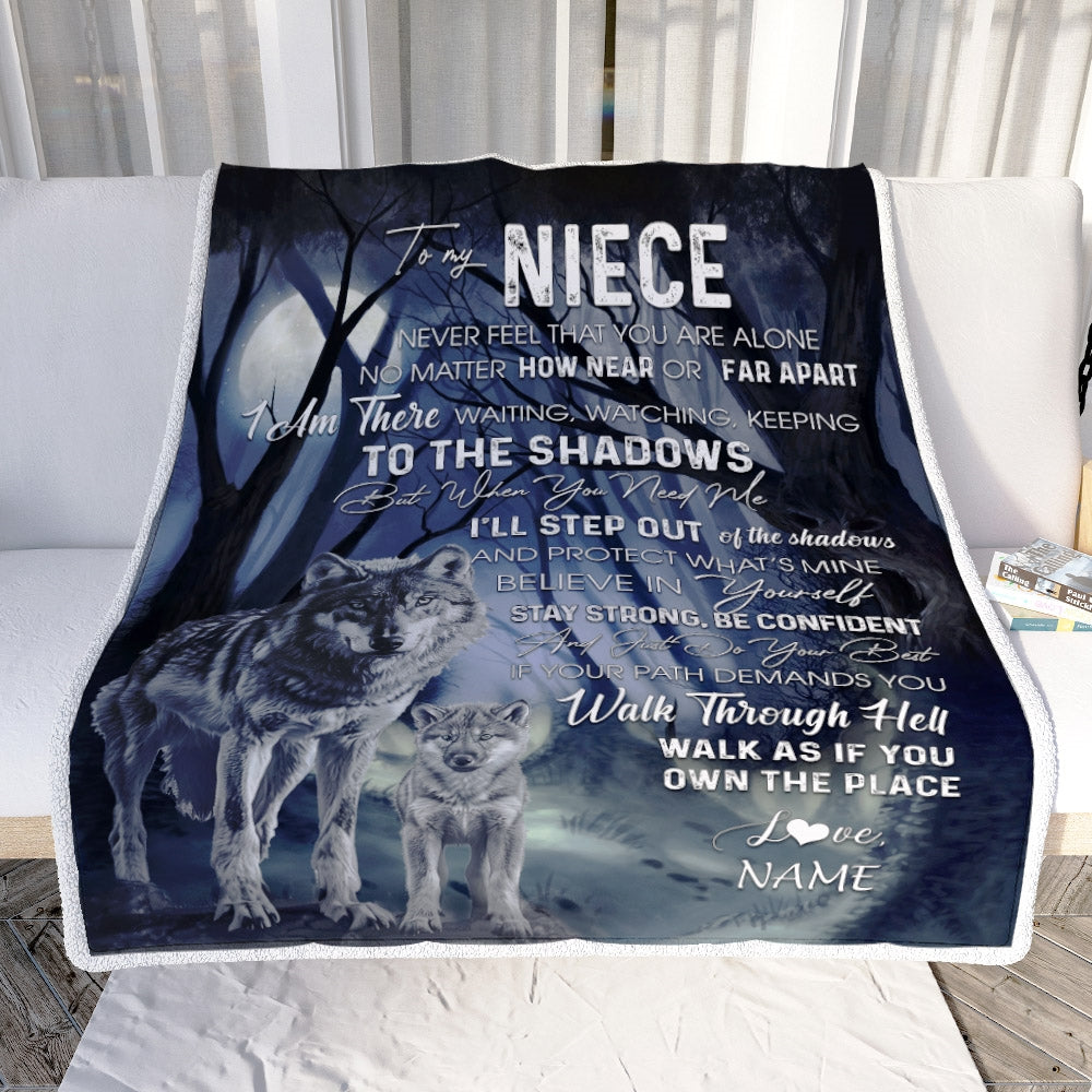 Personalized To My Niece From Aunt Uncle Blanket Never Feel You Are Alone Wolf Moon Night Dark Forest Family Love Niece Birthday Christmas Fleece Blanket Blanket | Teecentury.com