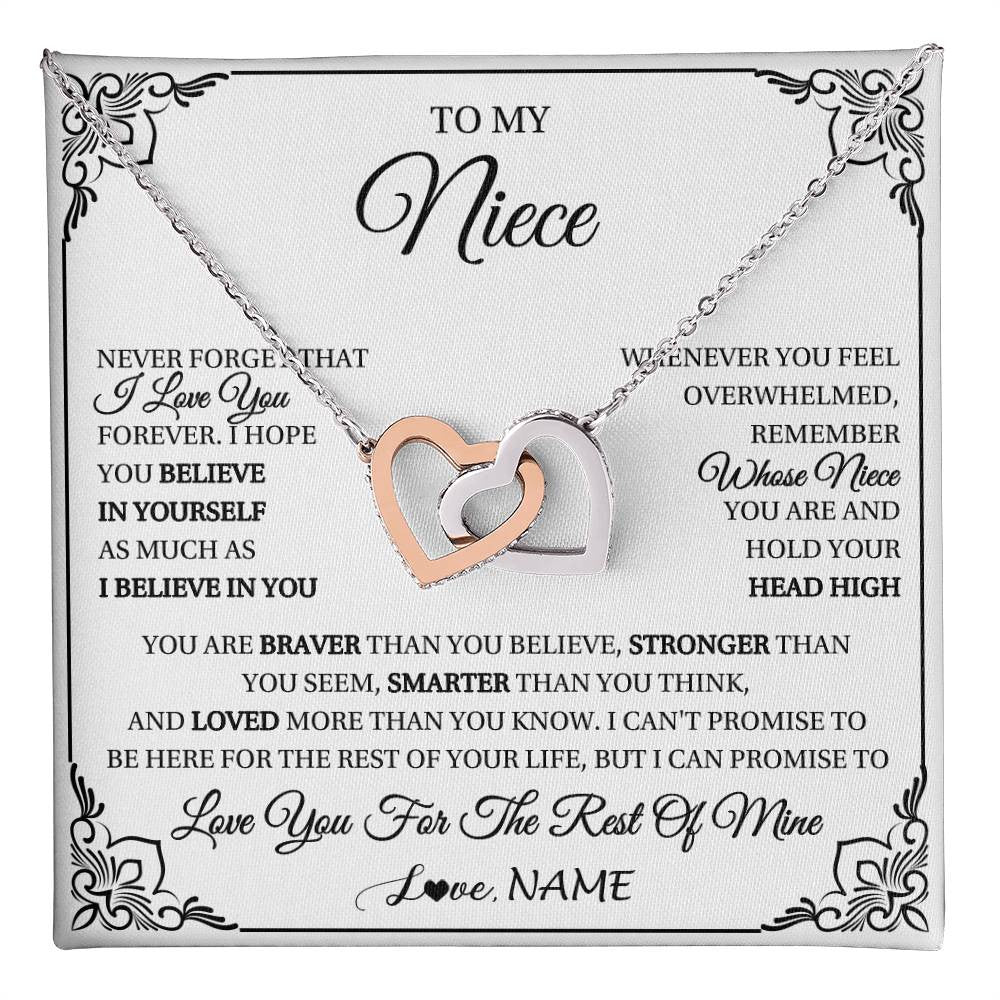 Interlocking Hearts Necklace Stainless Steel & Rose Gold Finish | 1 | Personalized To My Niece Gift Necklace From Aunt Uncle I Love You Believe In You Niece Birthday Gifts Graduation Christmas Customized Gift Box Message Card | teecentury