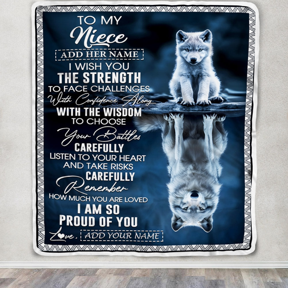 Personalized To My Niece Gifts Blanket From Aunt Uncle Auntie I Wish You The Strength Wolf Niece Birthday Gifts Christmas Graduation Custom Fleece Blanket | teecentury