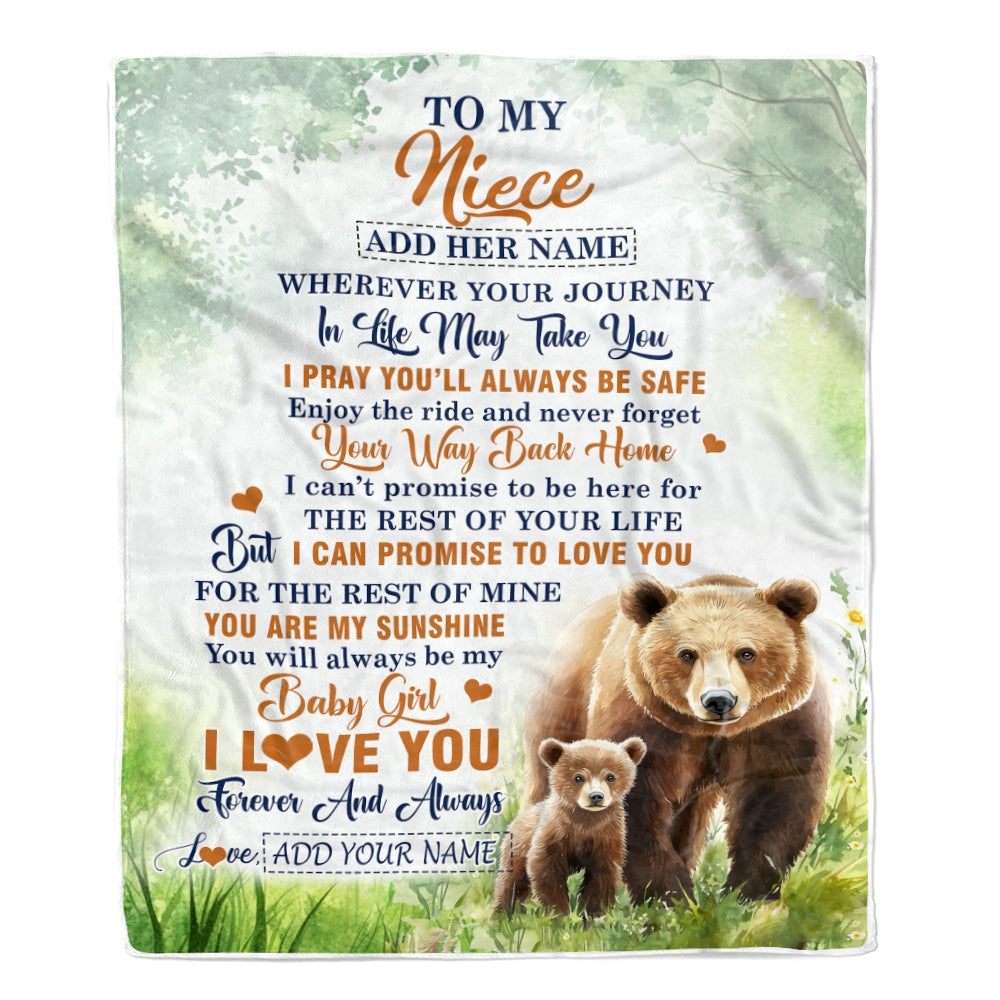 Personalized To My Niece Gifts Blanket From Aunt Uncle Auntie Wherever Your Journey In Life Bear Niece Birthday Gifts Warm Customized Fleece Throw Blanket | teecentury