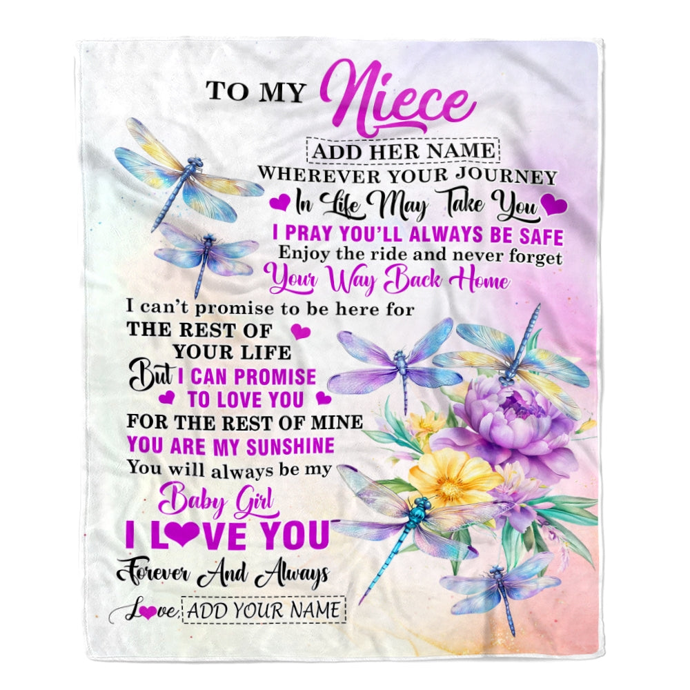 Personalized To My Niece Gifts Blanket From Aunt Uncle Wherever Your Journey In Life Dragonfly Niece Birthday Gifts Warm Customized Fleece Throw Blanket | teecentury