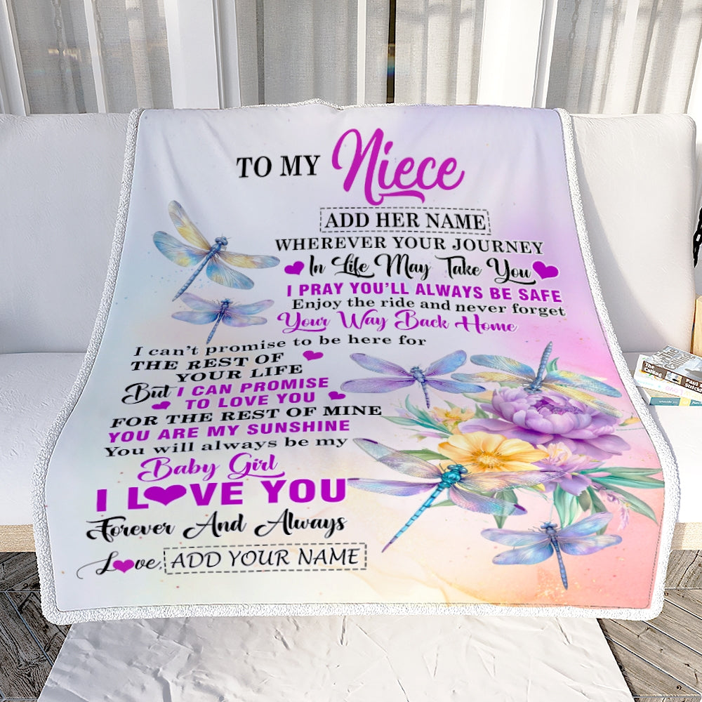 Personalized To My Niece Gifts Blanket From Aunt Uncle Wherever Your Journey In Life Dragonfly Niece Birthday Gifts Warm Customized Fleece Throw Blanket | teecentury