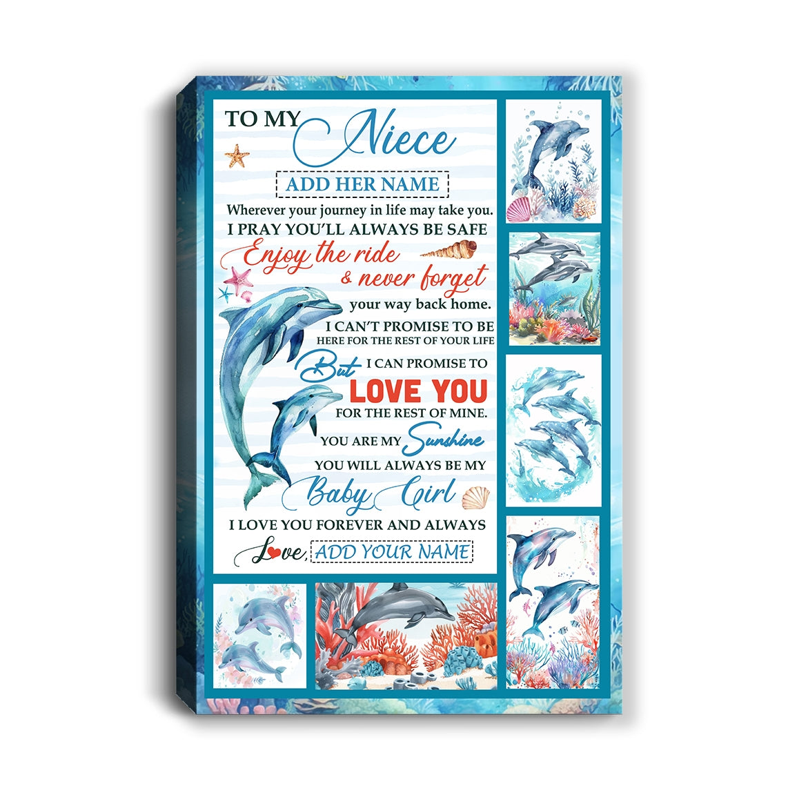 Personalized To My Niece Gifts Canvas Dolphin From Aunt Uncle My Sunshine Baby Girl Niece Birthday Gift Christmas Graduation Custom Wall Art Framed Canvas | teecentury