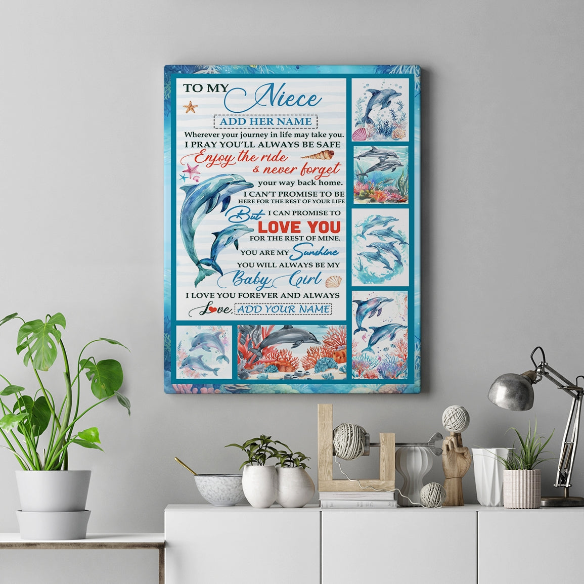 Personalized To My Niece Gifts Canvas Dolphin From Aunt Uncle My Sunshine Baby Girl Niece Birthday Gift Christmas Graduation Custom Wall Art Framed Canvas | teecentury