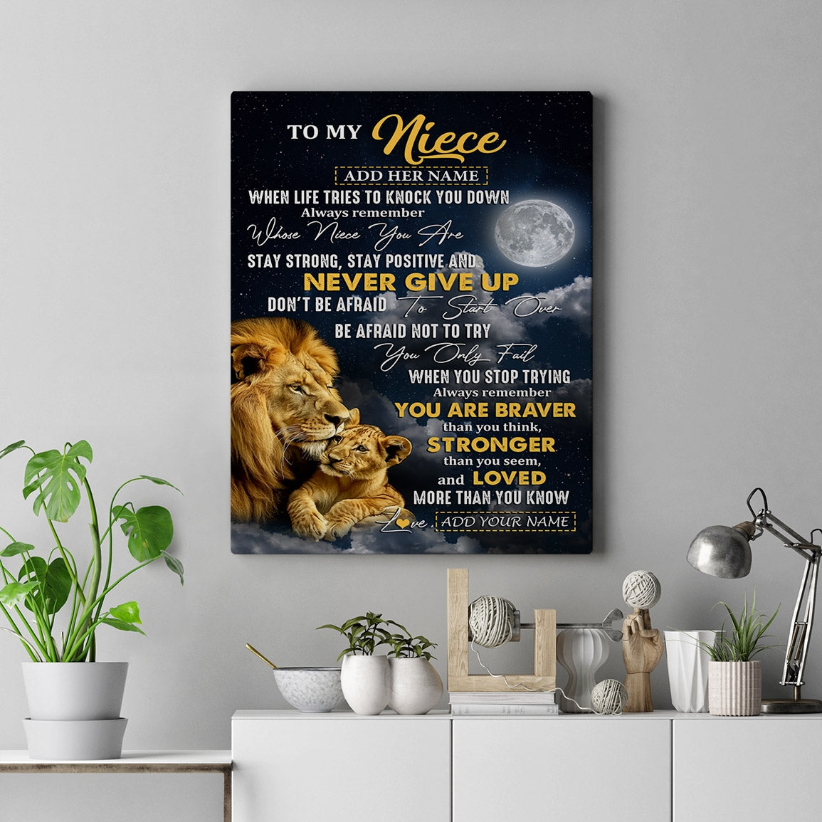 Personalized To My Niece Gifts Canvas From Uncle Aunt Lion Never Give Up Niece Birthday Gifts Graduation Christmas Custom Wall Art Print Framed Canvas | teecentury
