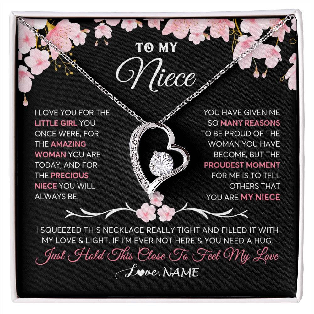 Forever Love Necklace 14K White Gold Finish | 1 | Personalized To My Niece Gifts Ecklace From Aunt Uncle Love Precious Niece Jewelry Birthday Graduation Christmas Customized Gift Box Message Card | teecentury