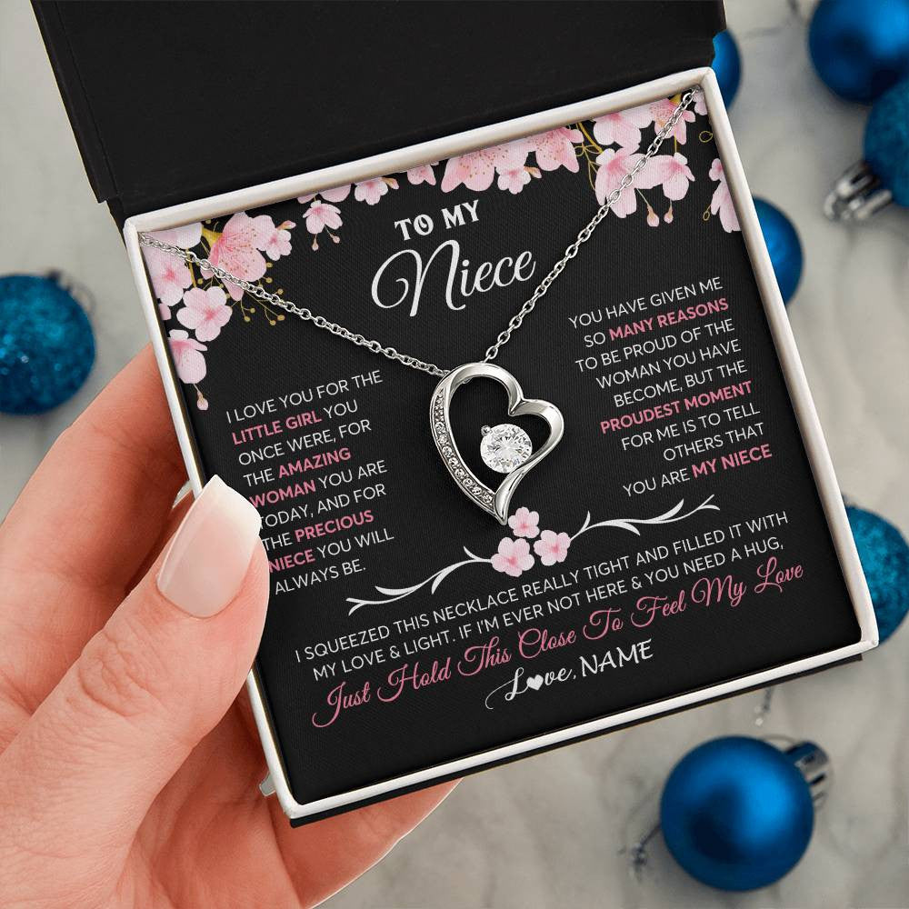 Forever Love Necklace 14K White Gold Finish | 2 | Personalized To My Niece Gifts Ecklace From Aunt Uncle Love Precious Niece Jewelry Birthday Graduation Christmas Customized Gift Box Message Card | teecentury
