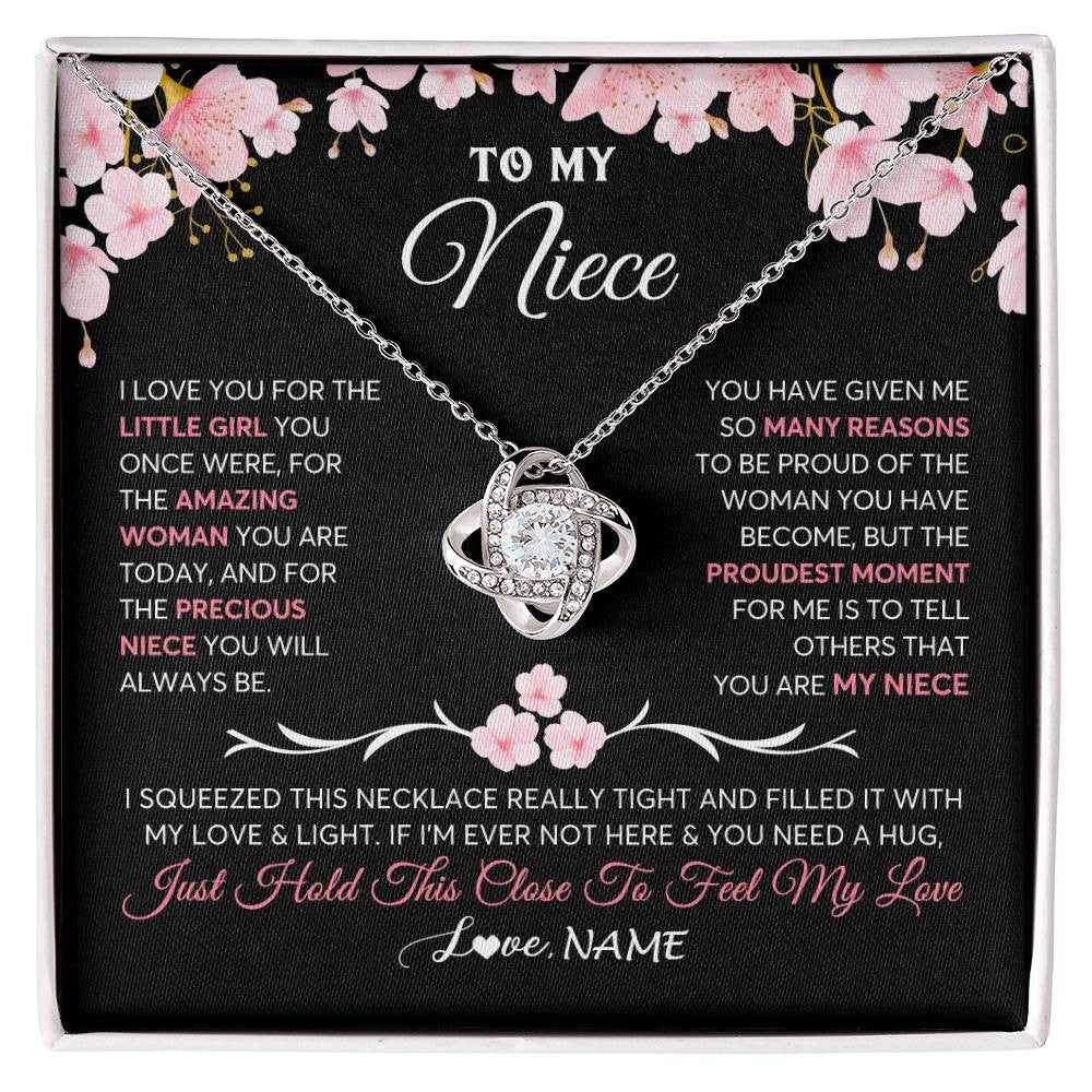 Love Knot Necklace 14K White Gold Finish | 1 | Personalized To My Niece Gifts Ecklace From Aunt Uncle Love Precious Niece Jewelry Birthday Graduation Christmas Customized Gift Box Message Card | teecentury