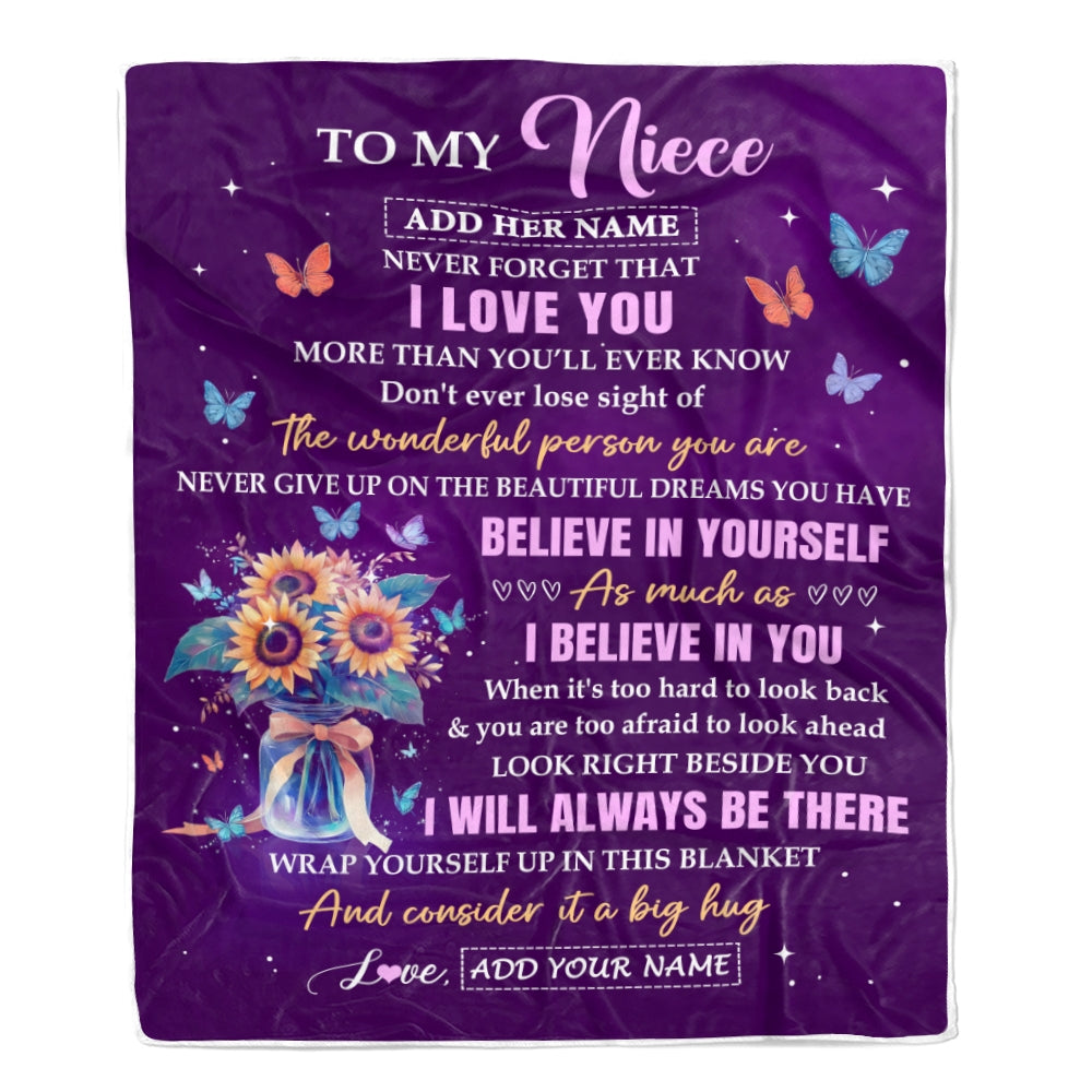Personalized To My Niece Gifts From Aunt Auntie Blanket Inspirational Love Purple Sunflowers Birthday Gifts For Niece Idea Christmas Graduation Fleece Blanket | teecentury
