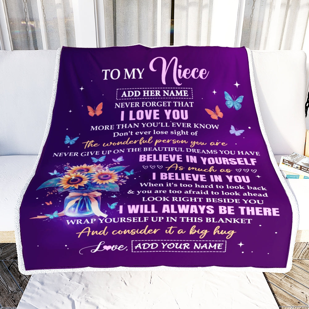 Personalized To My Niece Gifts From Aunt Auntie Blanket Inspirational Love Purple Sunflowers Birthday Gifts For Niece Idea Christmas Graduation Fleece Blanket | teecentury