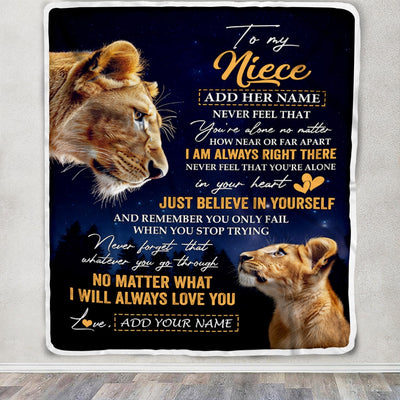 Personalized To My Niece Gifts From Aunt Auntie Blanket Lion Never Feel Alone Birthday Gifts Niece Graduation Valentines Christmas Custom Fleece Throw Blanket | teecentury