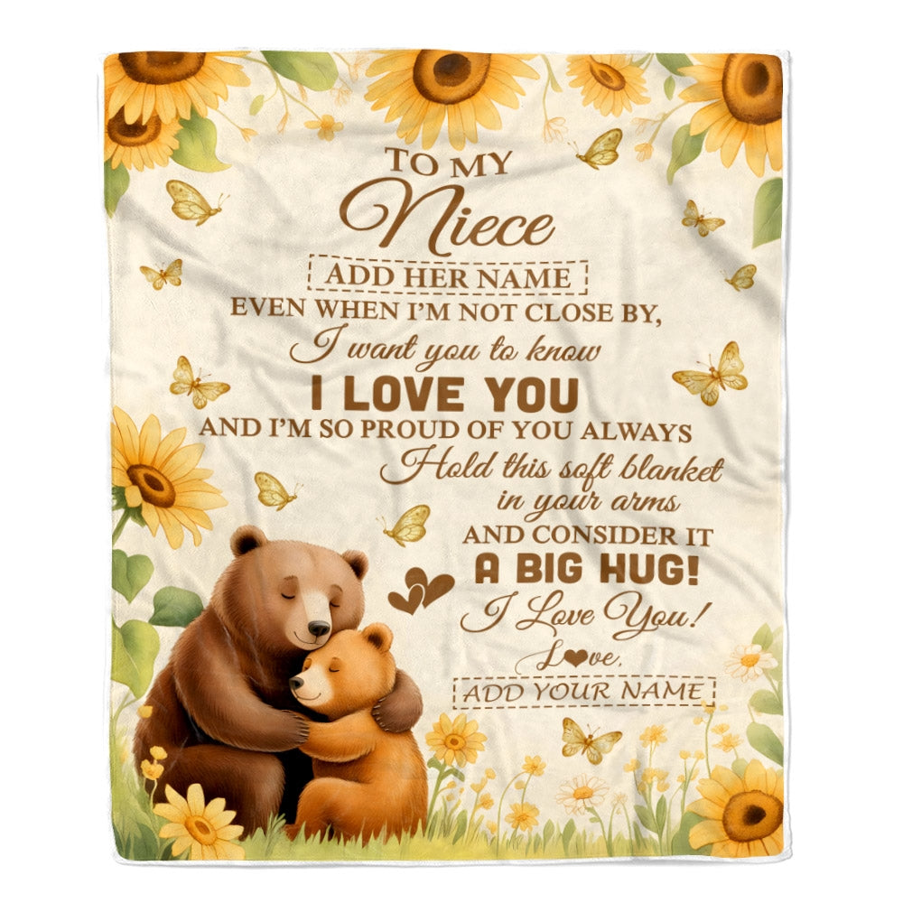 Personalized To My Niece Gifts From Aunt Auntie Blanket Sunflower Bear Hug I Love You Birthday Gifts For Niece Graduation Christmas Custom Fleece Throw Blanket | teecentury