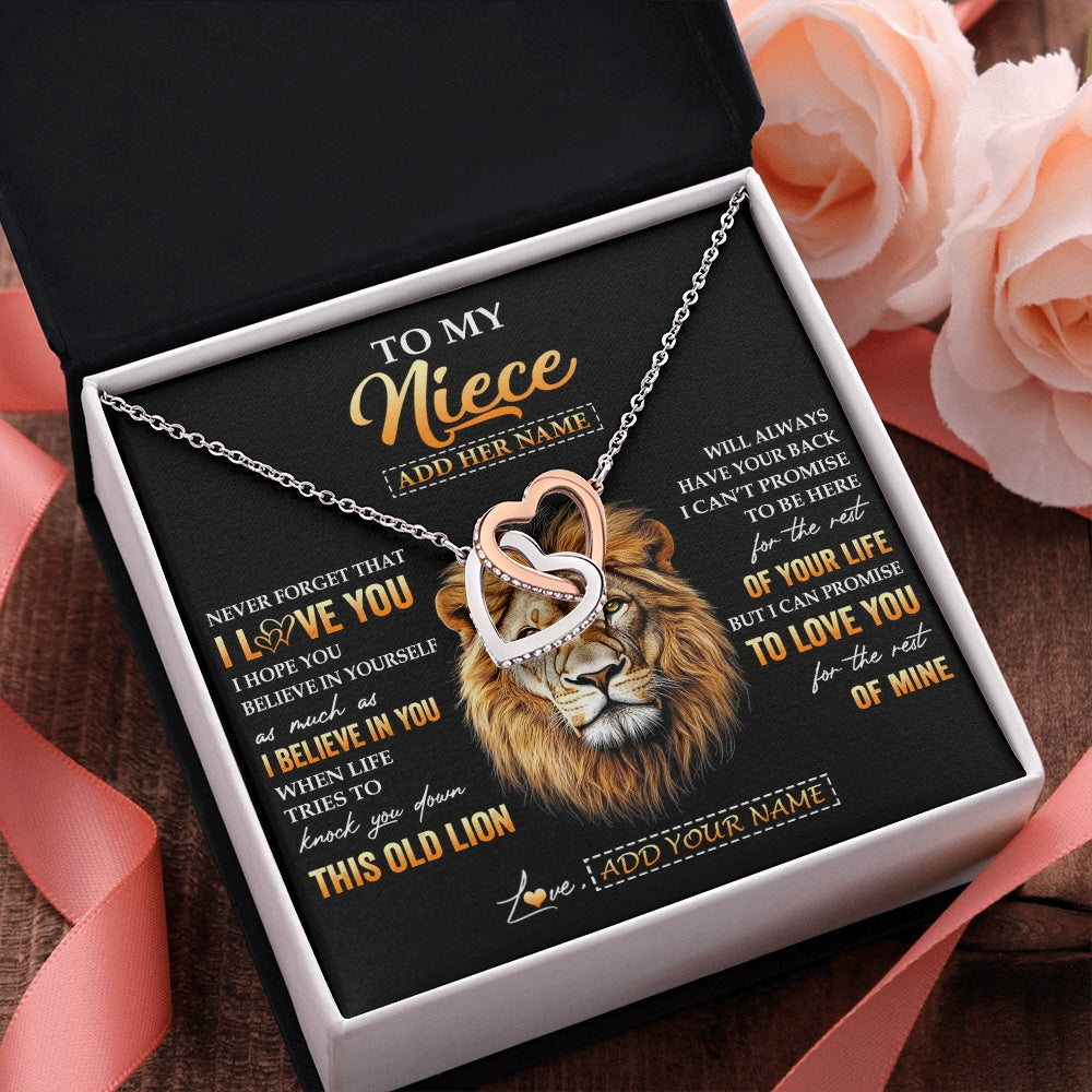 Interlocking Hearts Necklace Stainless Steel & Rose Gold Finish | 2 | Personalized To My Niece Gifts From Aunt Auntie Necklace Old Lion Love You Niece Birthday Gifts Graduation Christmas Customized Gift Box Message Card | teecentury.myshopify