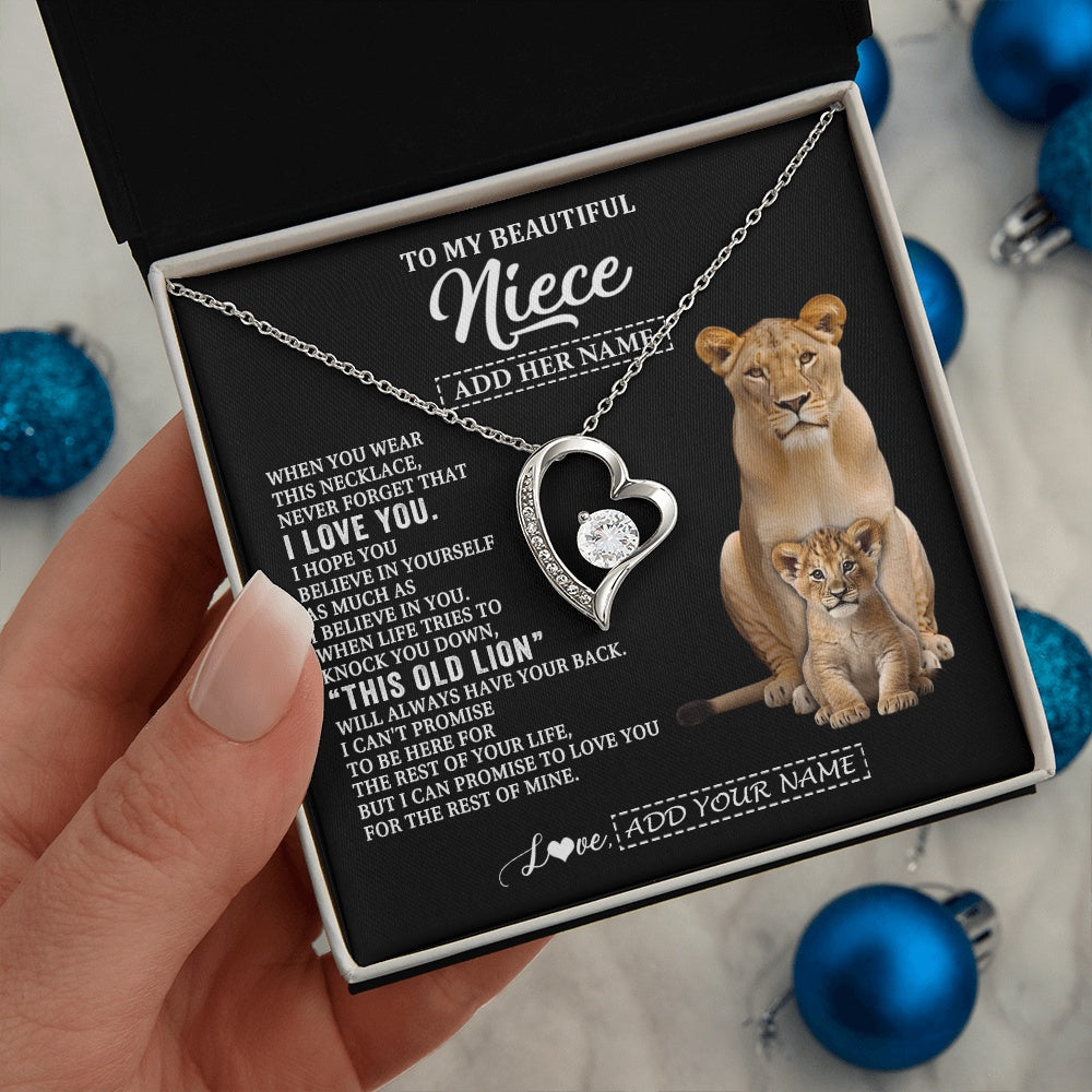 Forever Love Necklace 14K White Gold Finish | 2 | Personalized To My Niece Gifts From Aunt Auntie Necklace This Old Lion Love You Niece Birthday Gifts Graduation Christmas Jewelry Custom Gift Box Message Card | https://teecentury.