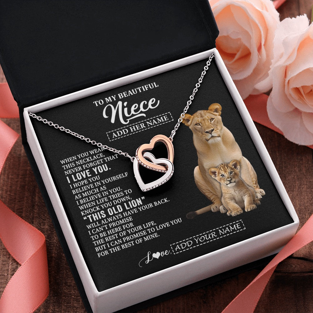 Interlocking Hearts Necklace Stainless Steel & Rose Gold Finish | 2 | Personalized To My Niece Gifts From Aunt Auntie Necklace This Old Lion Love You Niece Birthday Gifts Graduation Christmas Jewelry Custom Gift Box Message Card | https://teecentury.