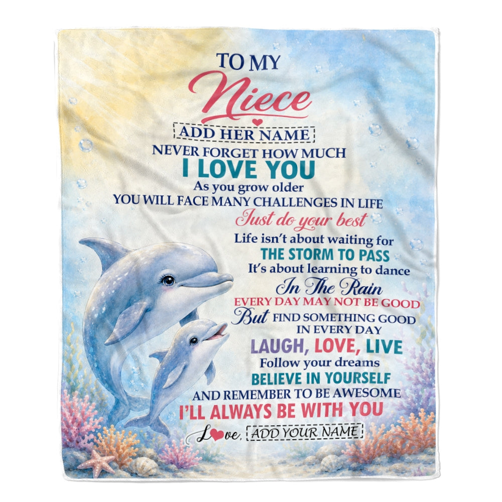 Personalized To My Niece Gifts From Aunt Auntie Uncle Blanket Dolphin Ocean Love Message Birthday Christmas Gift For Niece Women Custom Fleece Throw Blanket | teecentury